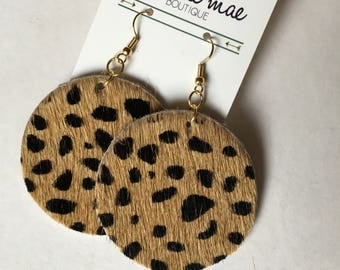 Hair-On Leather Circle Earrings in Leopard Print