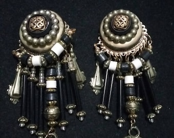Victorian Revival vintage beaded long clipon earrings