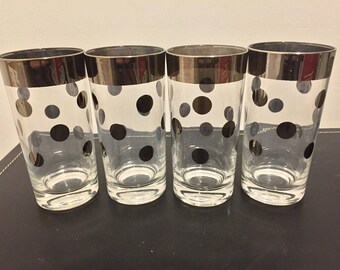 Vintage Mid Century Modern Tall Glasses - Silver Rim with Circles
