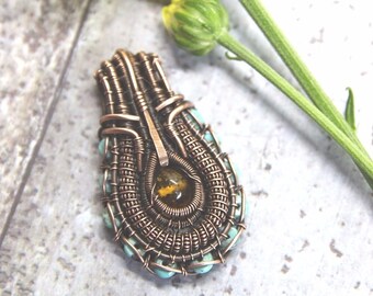 Amber and Turquoise Copper Pendant, Complex Wire Wrapped Pendant, Heady Necklace, Heady Wire Wrapped Jewelry, Wire Weave Jewelry