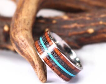 Man Ring Turquoise Koa Wood Antler 9mm Titanium Mens Wedding Band Mens Wedding Ring Man Ring Man Turquoise Ring Man Wedding Band Man