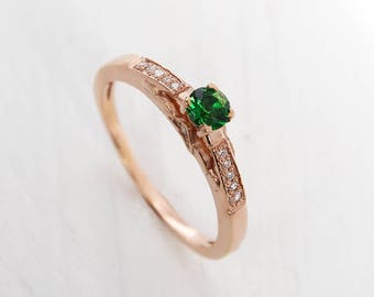 Antique engagement ring, Emerald ring gold, 14k gold engagement ring, Emerald engagement ring, Women engagement ring, Antique ring gold