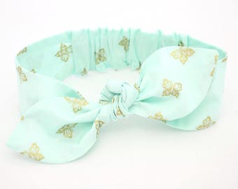 Baby girl headband, topknot baby, baby turban, baby bows, cotton knotted headband, toddler headband, baby headband,mint and gold butterflies