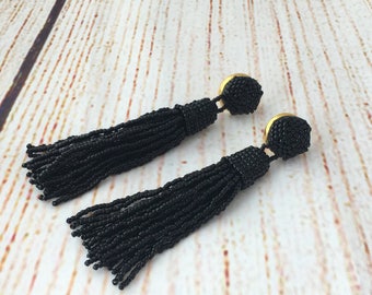 Black beaded tassel earrings, statement seed beads earrings, tassle earings, gifts for her, tassle earrings, clip on earrings