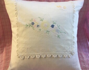 Vintage Hand Embroidered Doily Pillow with Lacework