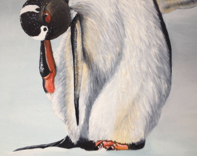 Facing The Cold Oil Painting Of A Penguin 20x24 inch Unframed Painting, Oil Painting of Penguin, Custom Oil Paintings, Wildlife Oil Painting