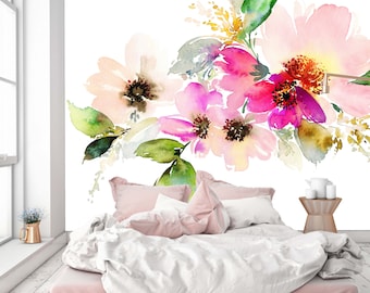 Removable Wallpaper Mural Peel & Stick Flowers Watercolor Illustration
