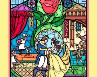 Beauty and The Beast Fabric, Panel, Stained Glass, Full Yard Panel, By the Yard, Disney Panel, Disney Stained Glass, TheFabricEdge
