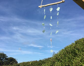 Small, elegant aqua/blue sea glass, driftwood, bead and fresh water pearl sun catcher. Great gift idea, wedding favor