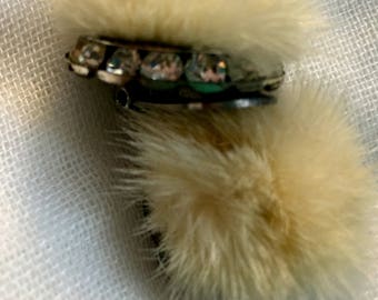 Vintage White Mink Fur Earrings with rhinestones Clip ON