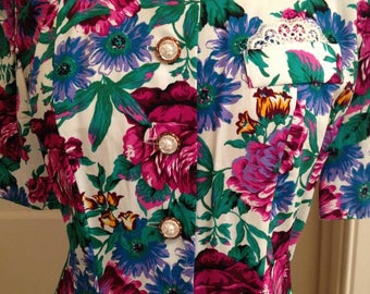 Vintage 1980's Floral Short Sleeve Party Dress - Size Small
