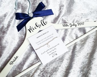 Bride gift set, Bridal hanger, Silver beaded bracelet, Personalised wedding hanger, Personalized charm bracelet card, Bride to be gift set