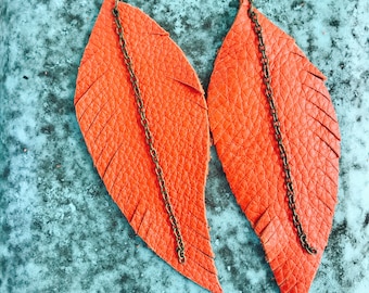Orange Fringed Leather Feather Earrings