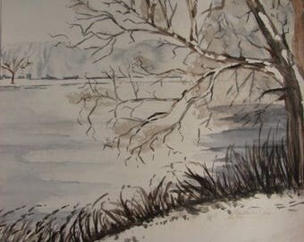Original watercolor painting "snow pond" landscape of hollow - framed