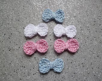 Handmade 6 bows-crocheted cotton pink, blue, white