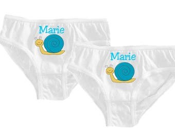 Set of 2 girl panties white snail personalized with name
