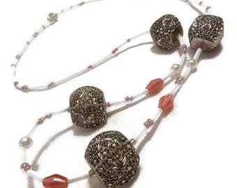 Pink, white, silver and ivory carved flower, vintage necklace, unique