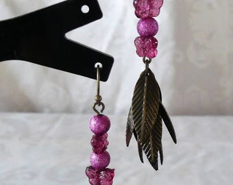 Purple butterflies with 6.5 cm bronze leaves earrings