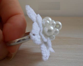 Crochet white .with perles.shabby chic crochet flower ring