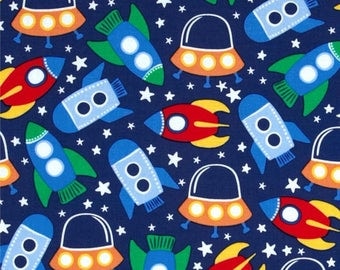 Blue space Miller retro rocket patchwork fabric