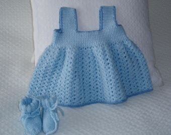 Baby pinafore dress blue hand crocheted acrylic yarn