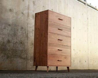 Highboy Dresser, 5-Drawers, Mid-Century Modern, Walnut