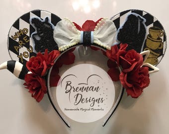 Alice in Wonderland Inspired Mouse Ears with the White Rabbit Ears, Alice and Caterpillar on Mushroom Silhouettes, & Cheshire Cat Tail