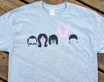 Bob's Burgers Fox TV Show Belcher Family Minimalist Silhouette Men and Women's Grey T-Shirt Bob Linda Tina Louise Gene Top Tee Shirt