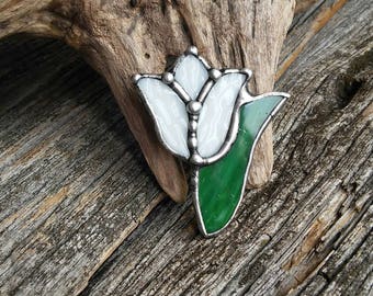 White tulip handmade brooch art stained glass jewelry women flower pin