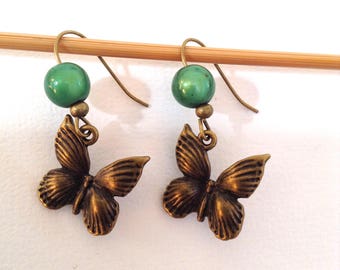 Green butterfly and bead Earrings