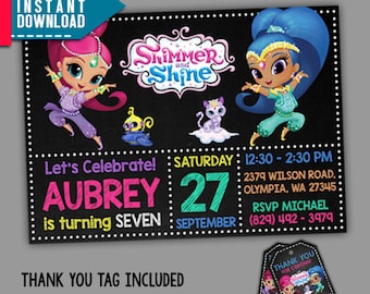 Shimmer and Shine Invitation, Shimmer and Shine Birthday, Editable PDF Template, Instant Download, Editable Invitation, FREE Thank You Tags