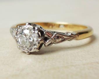 Art Deco .35 Carat Diamond Solitaire Ring, 18k Gold, Platinum and Diamond Engagement Ring Approx. Size US 7