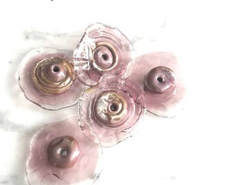 Monet fairy Wings watercolor glass ruffle disc set...in amethyst purples ...Handmade lampwork glass beads by Marianna