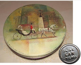 Vintage Large Round Cookie Tin by Olive Can Chicago with Victorian Lady with a Parasol in Horse & Carriage, 50s, storage container