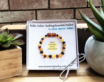 Raw & Unpolished Mixed Colored Beaded Natural Baltic Amber Teething bracelet or anklet. 5.5 inch. Safety-knotted with screw clasp. Gift Box
