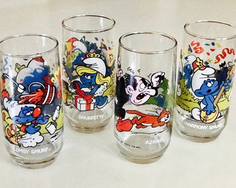 Vintage Smurf Drinking Glasses : Set of 4