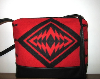 Wool Cross Body Bag Purse Shoulder Bag Soft Black Leather Blanket Wool from Pendleton Oregon
