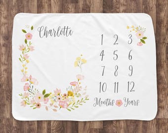 Baby Month Milestone Blanket- Blossom - Girl - Personalized Baby Blanket - Track Growth and Age - New Mom Baby Shower Gift 30x40