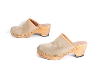 size 9 CLOGS tan leather 70s 80s WOODEN slip on platform mules