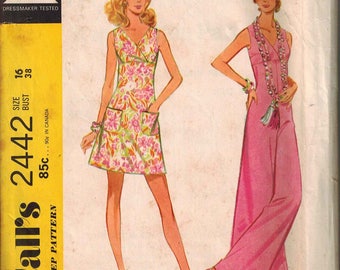 1970 McCalls 2442 Retro Mod Dress Sewing Pattern Vintage Size 16 jumpsuit romper halter