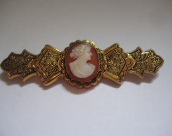 Antique Taille d'Epergne PSCo Marked Carved Shell Cameo Bar Pin