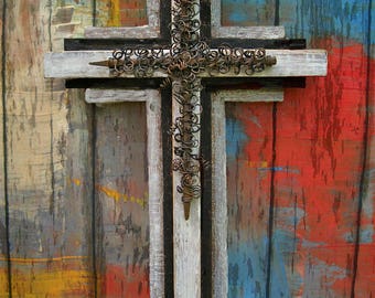 Distressed Wood Wall Cross.Wood Cross.Wooden Cross.Nail Cross.Father's Day Gift.Cross for Man.Masculine Cross.Large Wall Cross