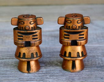 Vintage Totem Copper Salt and Pepper Shakers Tikki