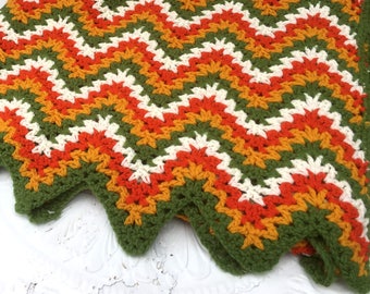 Colorful, Vibrant Vintage Zigzag Crocheted Afghan, Olive Green, Golden Yellow, Orange and White