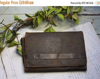 ON SALE Vintage LEATHER Clutch- Document Holder- Bi Fold Satchel Bag- Old Worn Leather with Stamped Pattern
