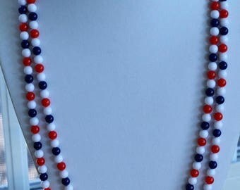 ON SALE Red, White, Blue 6mm Plastic Beaded Necklace, Vintage, 54" (AO5)