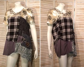 Upcycled Tunic Junk Gypsy Primitive Patchwork Pocket Upcycled Clothing L XL Loose Fit Babydoll Eco Shirt primitive chic DeviDesigns