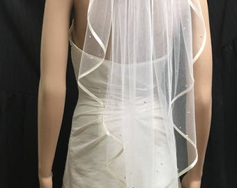 Satin Edge Wedding veil with Crystals and Pearls, Angel cut Veil, Ribbon Edge Veil, Wedding Vail