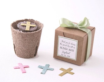 12 Plantable Seed Paper Cross Flower Pot Favors - Baptism Favors, Christenings, First Communions - Personalized for Baby Boys & Baby Girls