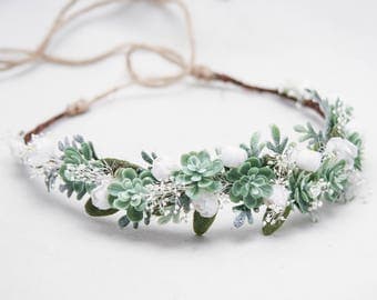 Green Succulent Flower Crown Wedding Headband, Rustic Bridal Succulent Flower Wreath of Green Succulents, Baby's Breath and Small flowers